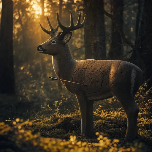 Életnagyságú 3D szarvascél erdei tisztáson, beleálló vesszővel